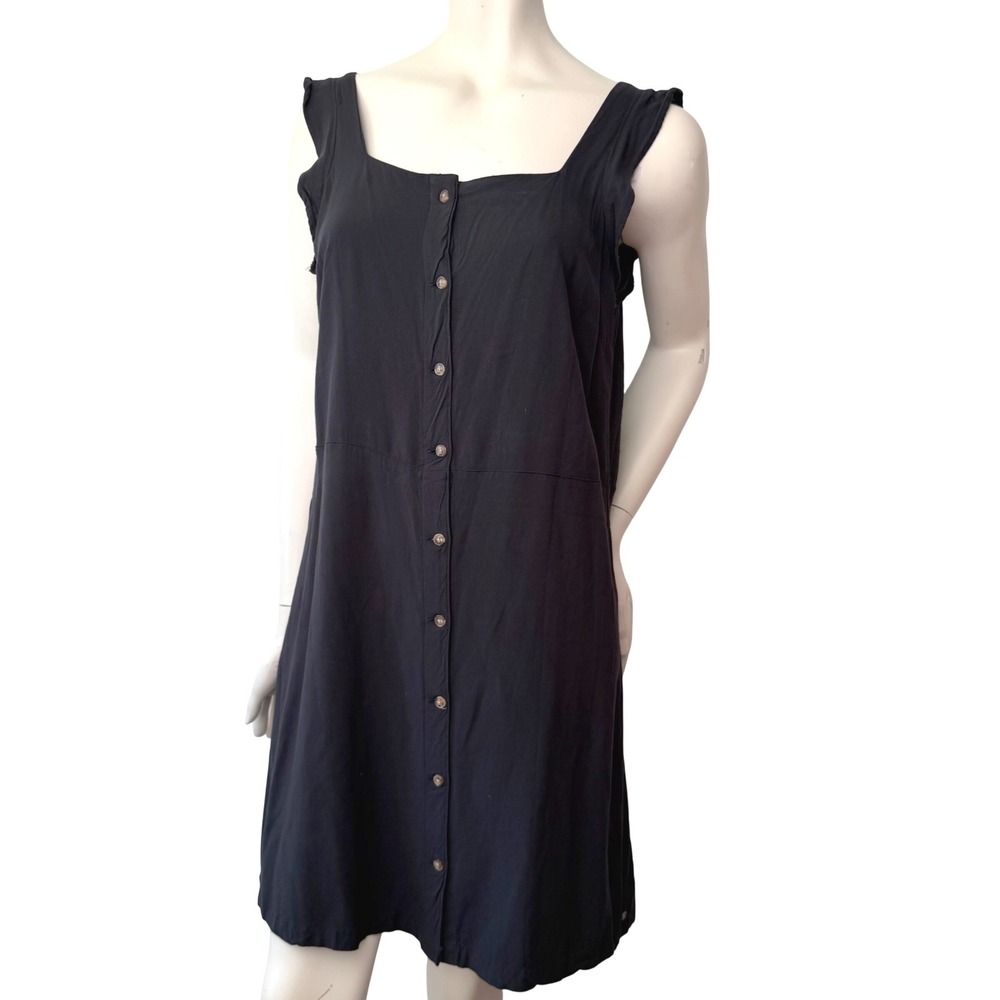 Ripzone Dress Mini Button Front Ruffle Smocked Back Black 100% Viscose Boho L
